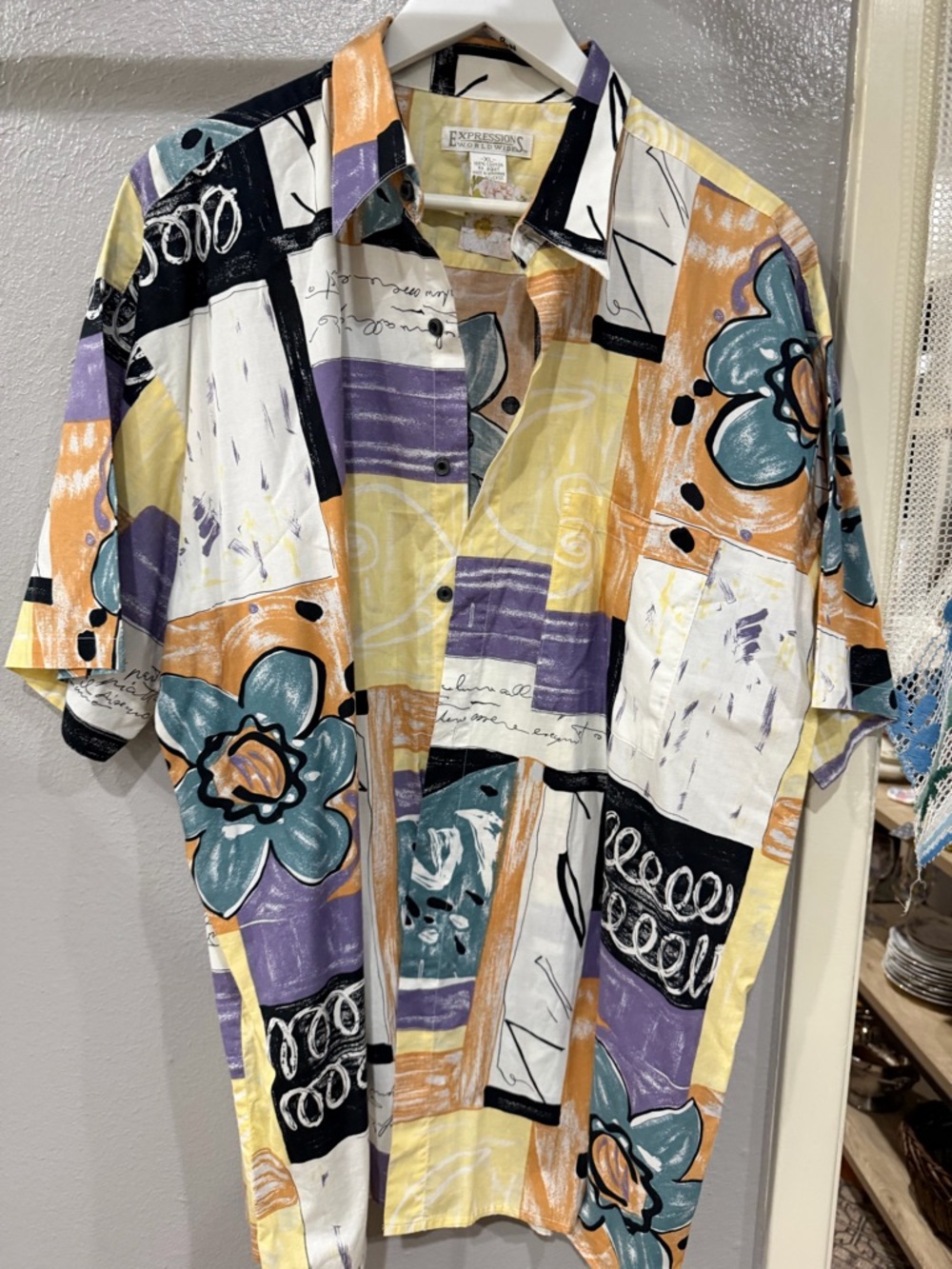 Expressions Multicolor Floral Patchwork Short-Sleeve Button-Down Shirt